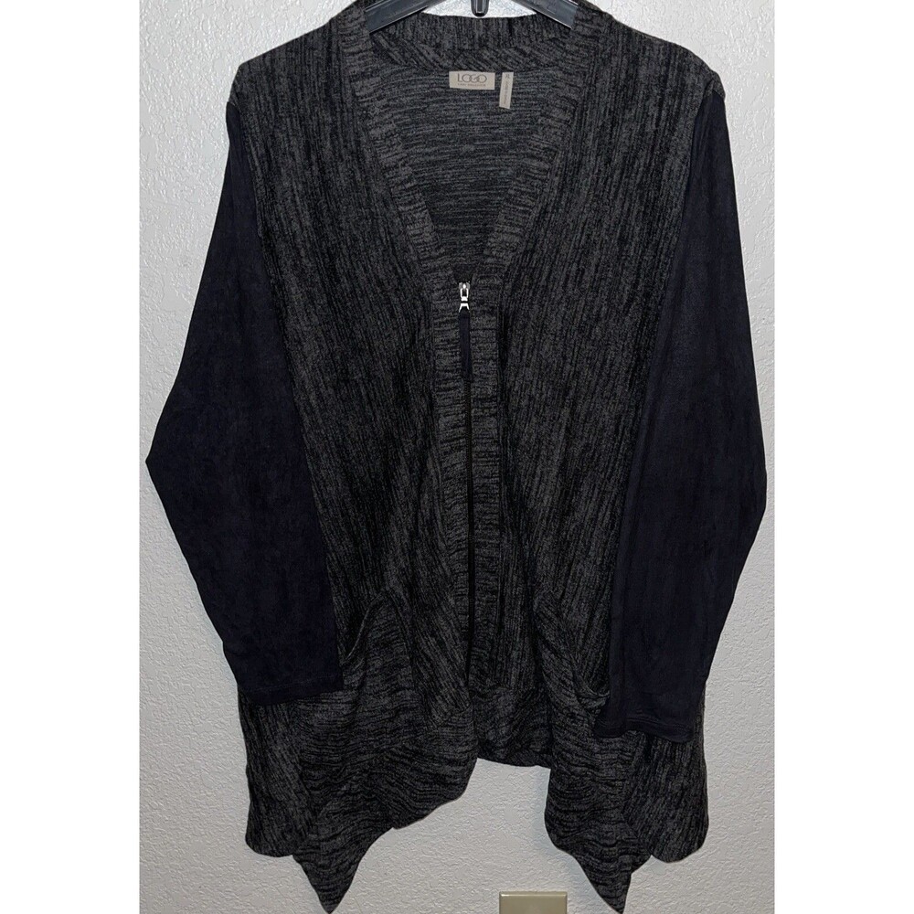 LOGO Lori Goldstein Women Sz XL Heather Gray Asymmetric Knit Sweater Full Zip